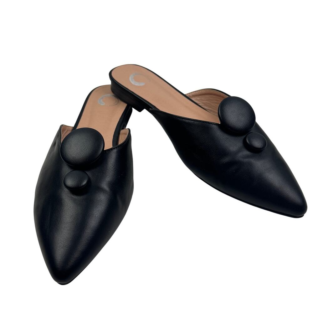 Journee Collection Black Pointed Leather Accent Button Mules